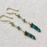 Long Indicolite Blue Green Tourmaline Earrings, 14k Gold Filled