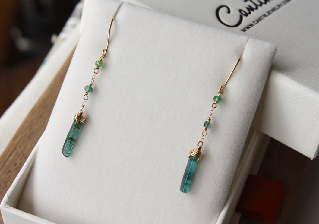 Long Indicolite Blue Green Tourmaline Earrings, 14k Gold Filled