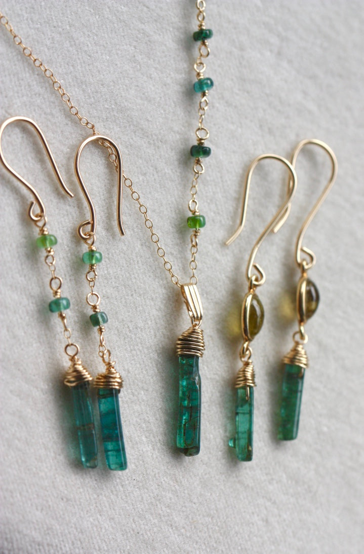 Long Indicolite Blue Green Tourmaline Earrings, 14k Gold Filled