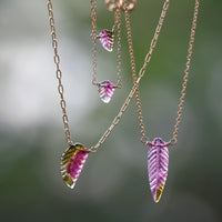 Carved Watermelon Bi-Color Tourmaline Leaf Necklace, October Birthstone Necklace