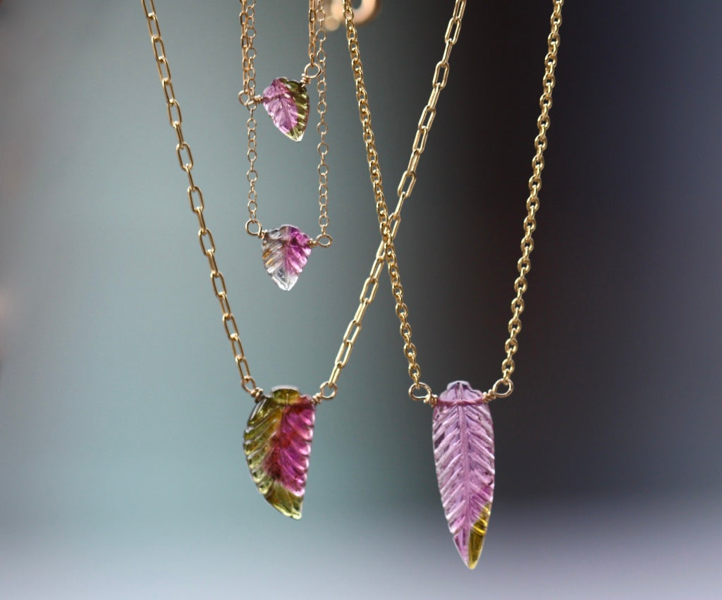 Carved Watermelon Bi-Color Tourmaline Leaf Necklace, October Birthstone Necklace