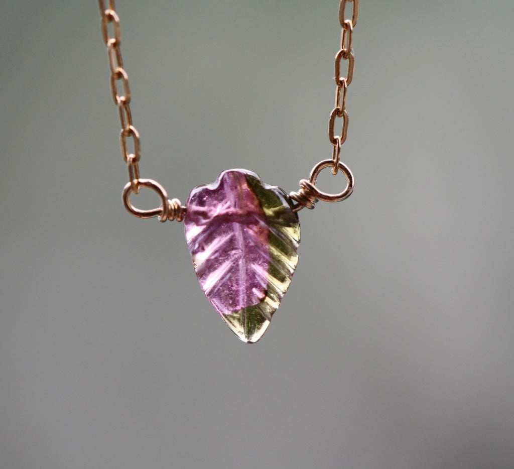 Carved Watermelon Bi-Color Tourmaline Leaf Necklace, October Birthstone Necklace
