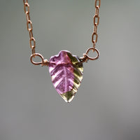 Carved Watermelon Bi-Color Tourmaline Leaf Necklace, October Birthstone Necklace