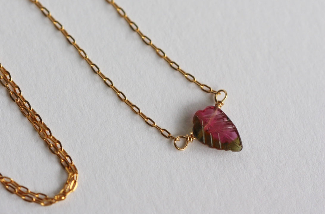 Carved Watermelon Bi-Color Tourmaline Leaf Necklace, October Birthstone Necklace