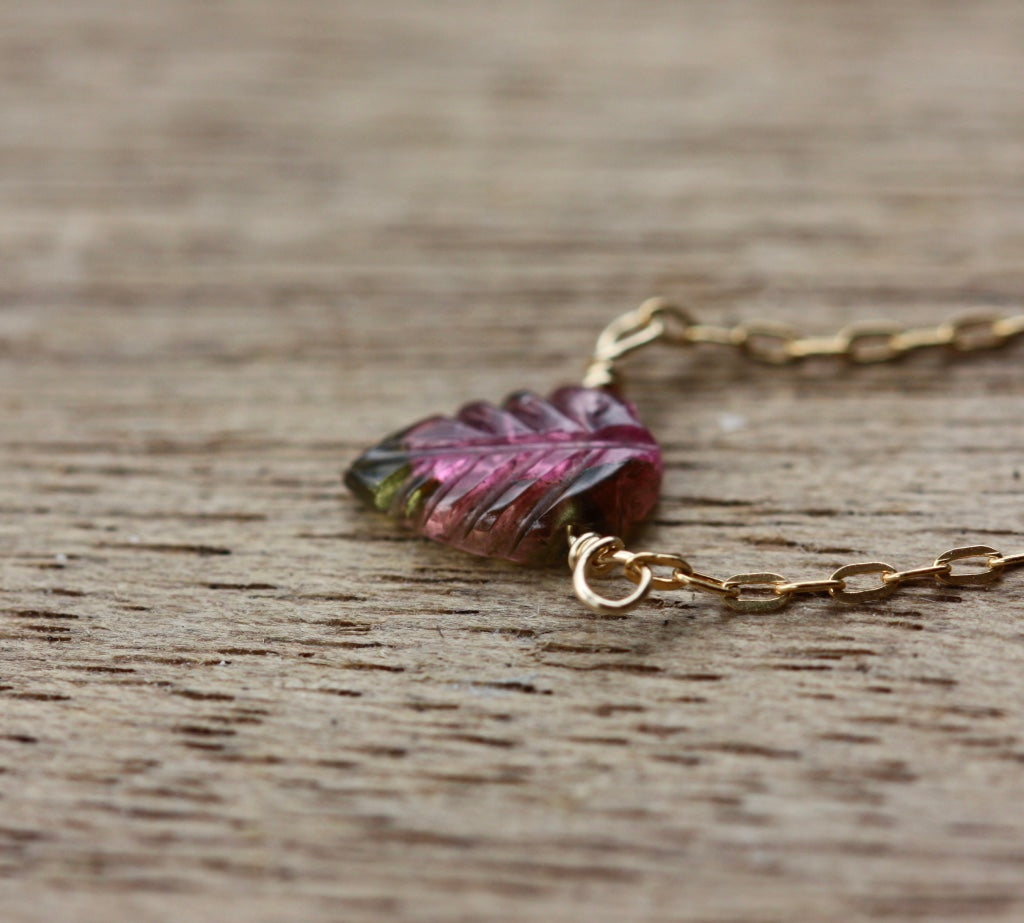 Carved Watermelon Bi-Color Tourmaline Leaf Necklace, October Birthstone Necklace