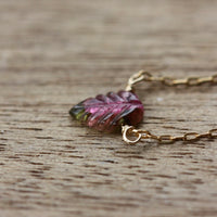 Carved Watermelon Bi-Color Tourmaline Leaf Necklace, October Birthstone Necklace