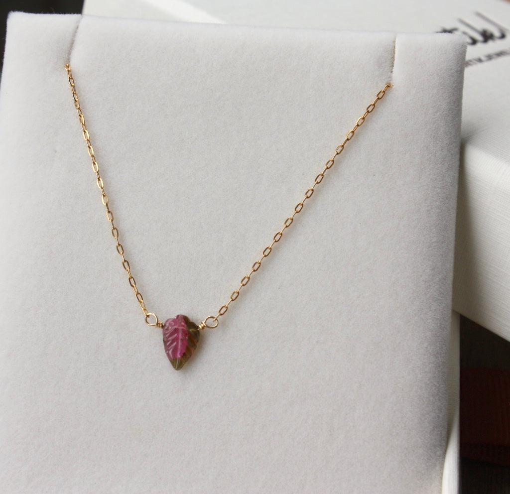 Carved Watermelon Bi-Color Tourmaline Leaf Necklace, October Birthstone Necklace
