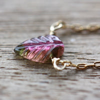 Carved Watermelon Bi-Color Tourmaline Leaf Necklace, October Birthstone Necklace