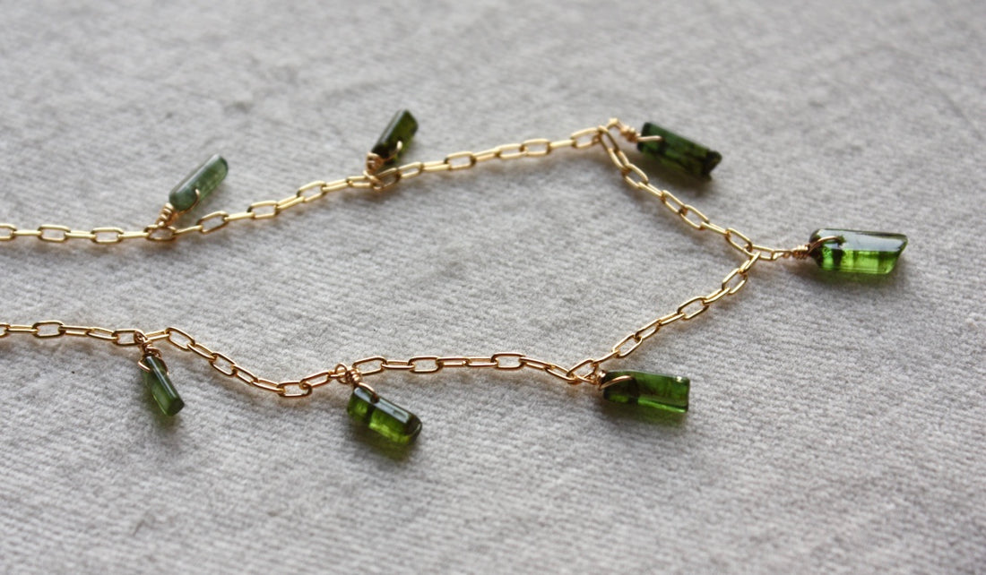 Raw Green Tourmaline Crystal Necklace, October Birthstone Necklace