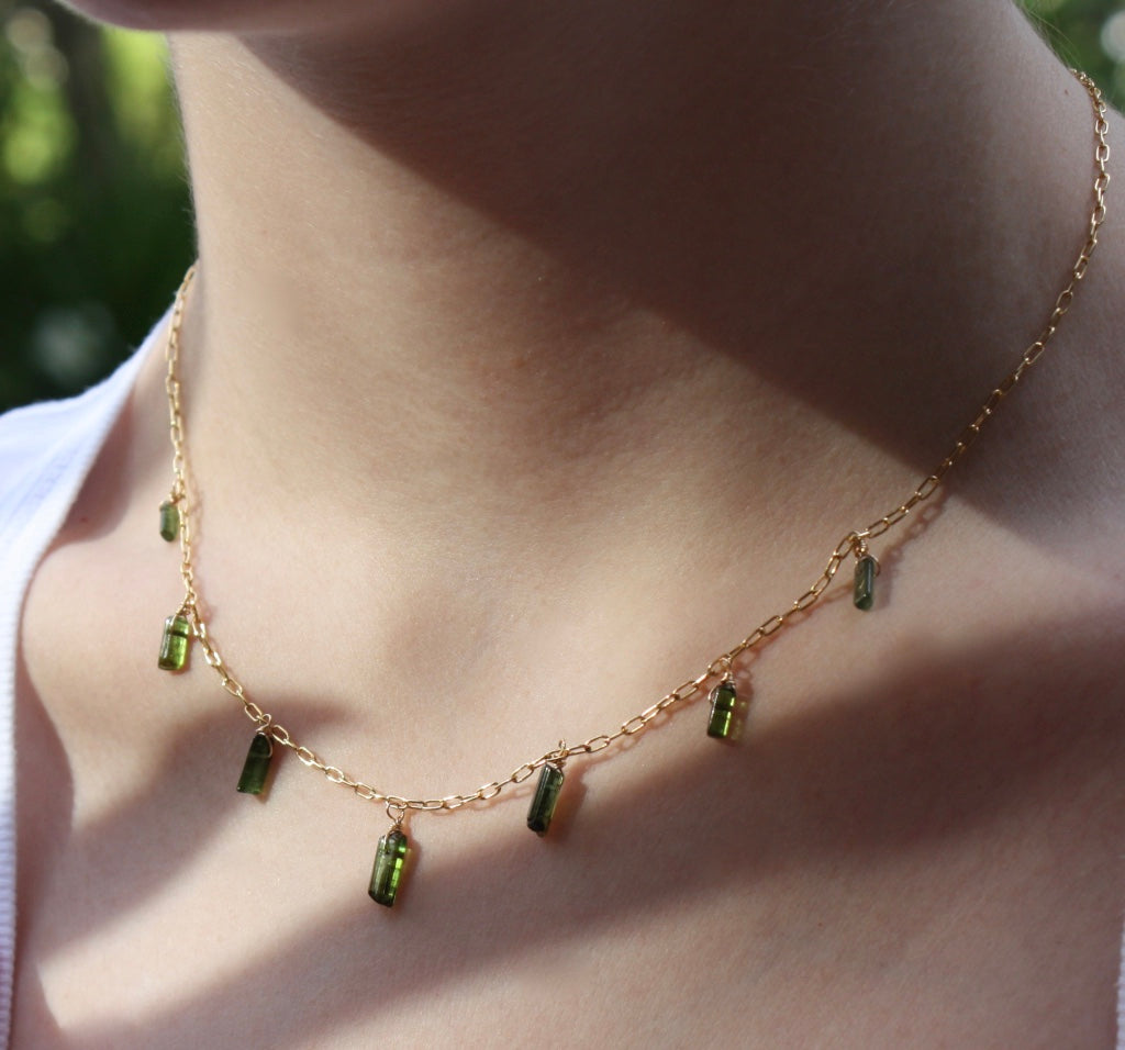 Raw Green Tourmaline Crystal Necklace, October Birthstone Necklace