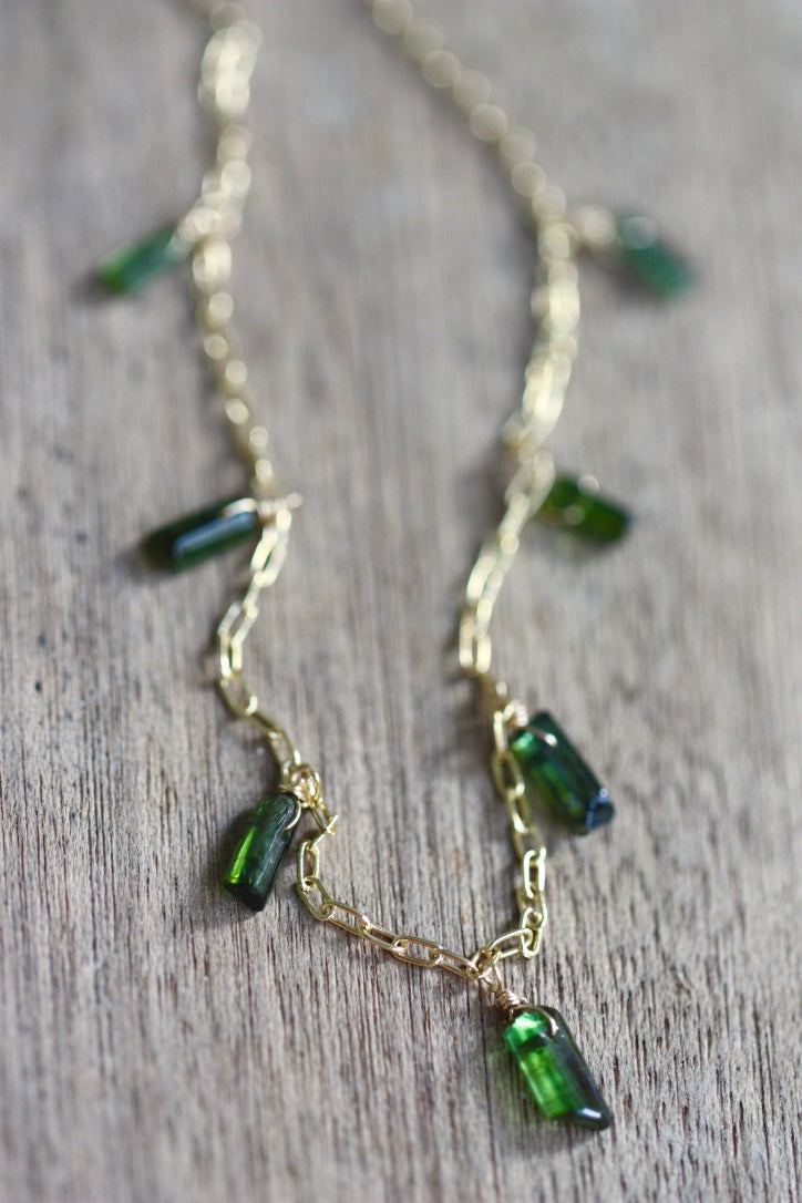 Raw Green Tourmaline Crystal Necklace, October Birthstone Necklace