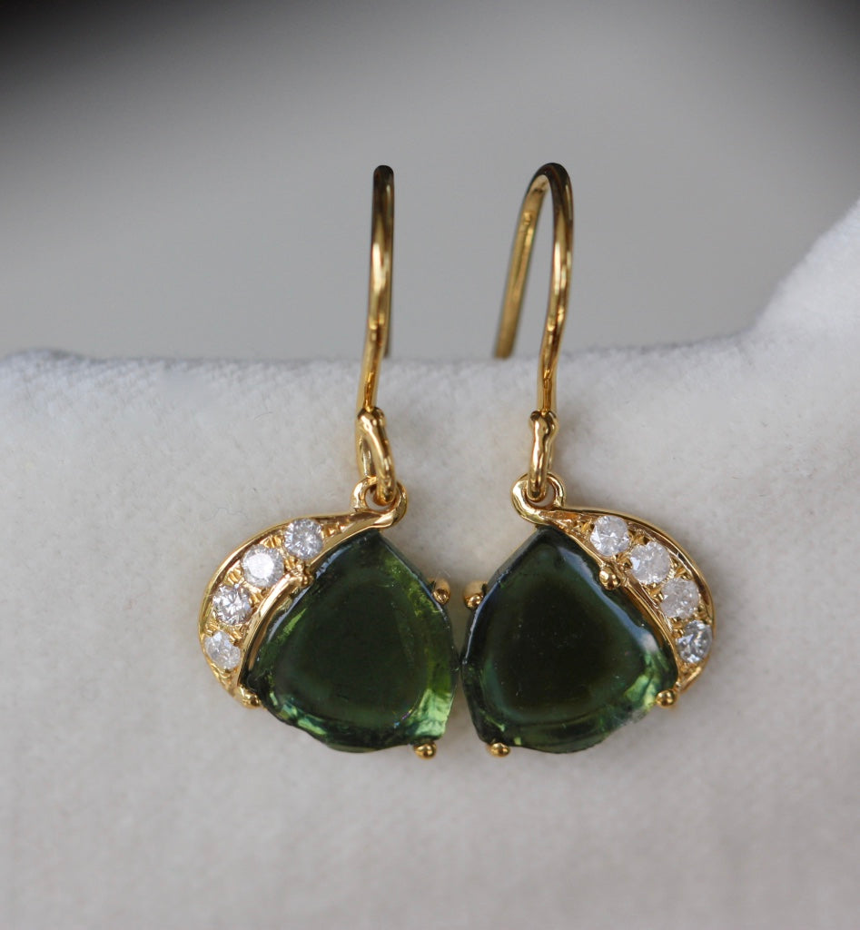 Featured in TATLER UK, Green Bi-Color Tourmaline Slice and Diamond Earrings, 18k Gold