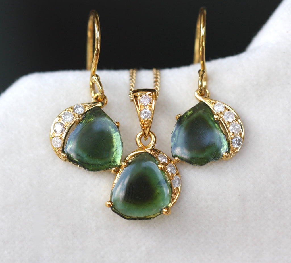 As seen in TATLER UK, Green Bicolor Tourmaline Slice and Diamond Pendant, 18k Gold