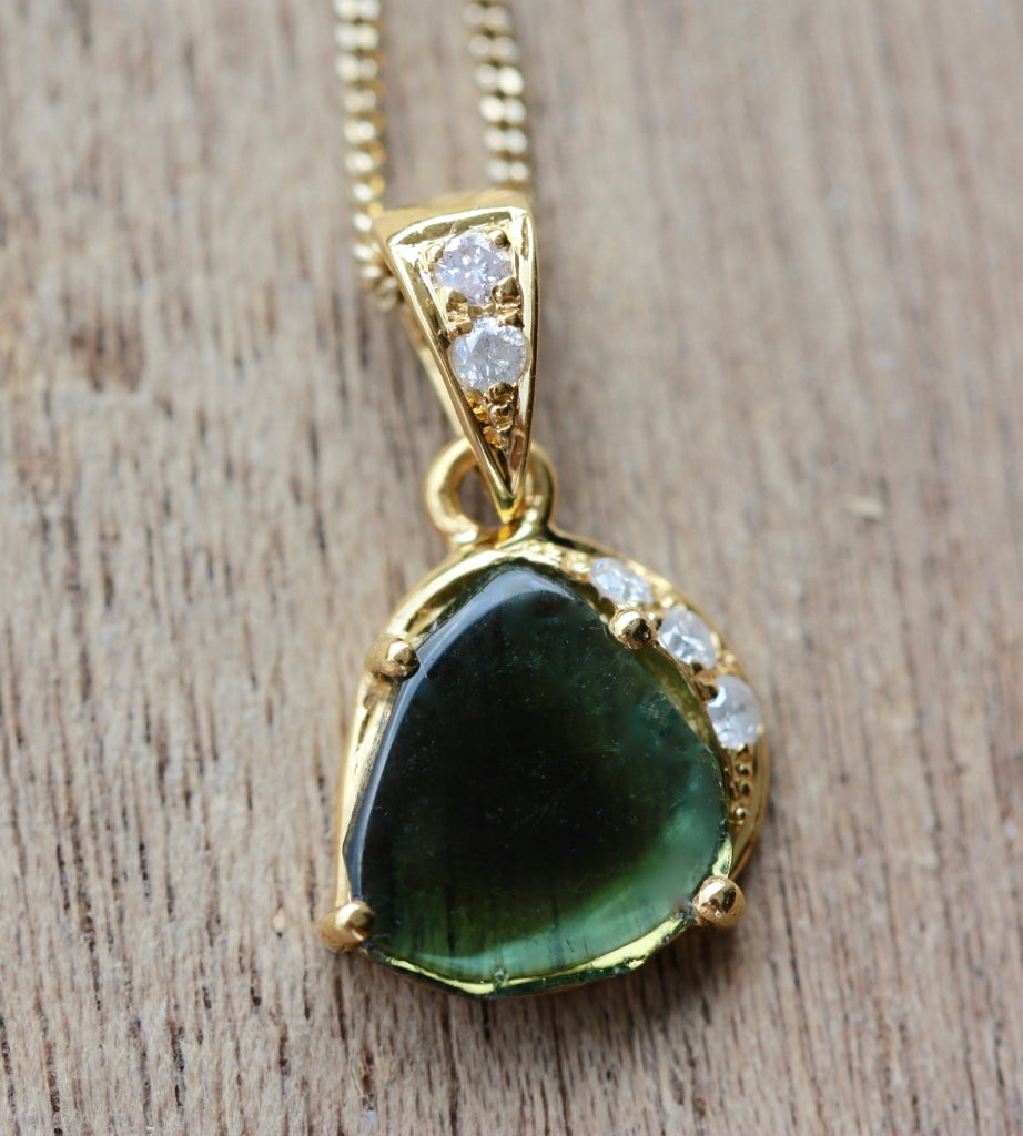 Featured in TATLER UK, Green Bi-Color Tourmaline Slice and Diamond Pendant Necklace, 18k Gold