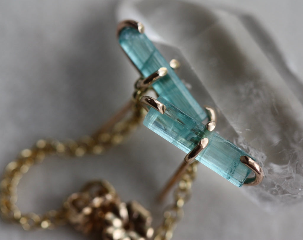 Paraiba Blue Tourmaline Stud Chain Earrings, 14k Gold Filled