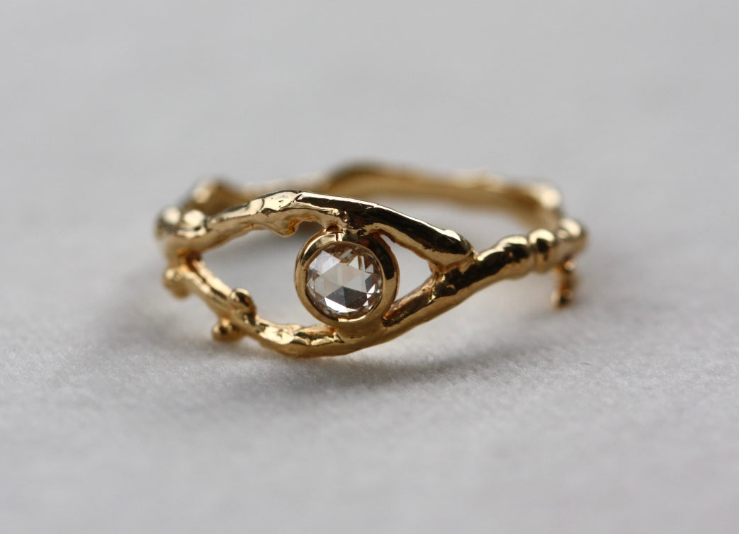 Rose Cut Diamond Natural Twig Ring, 18k Gold