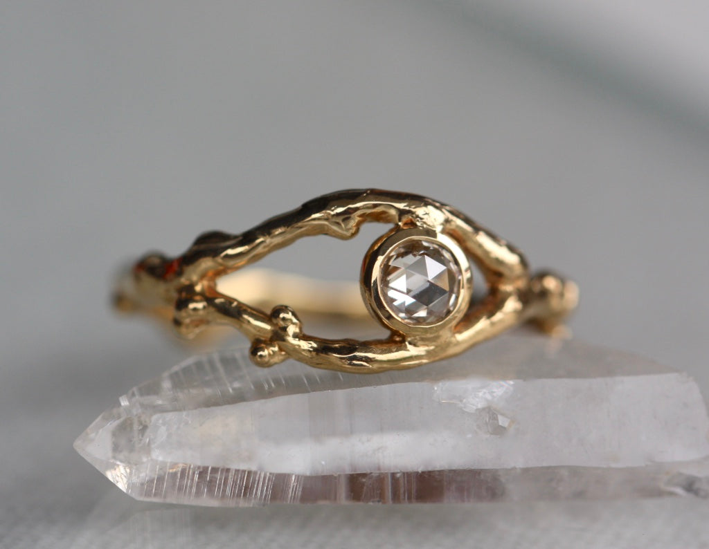Rose Cut Diamond Natural Twig Ring, 18k Gold