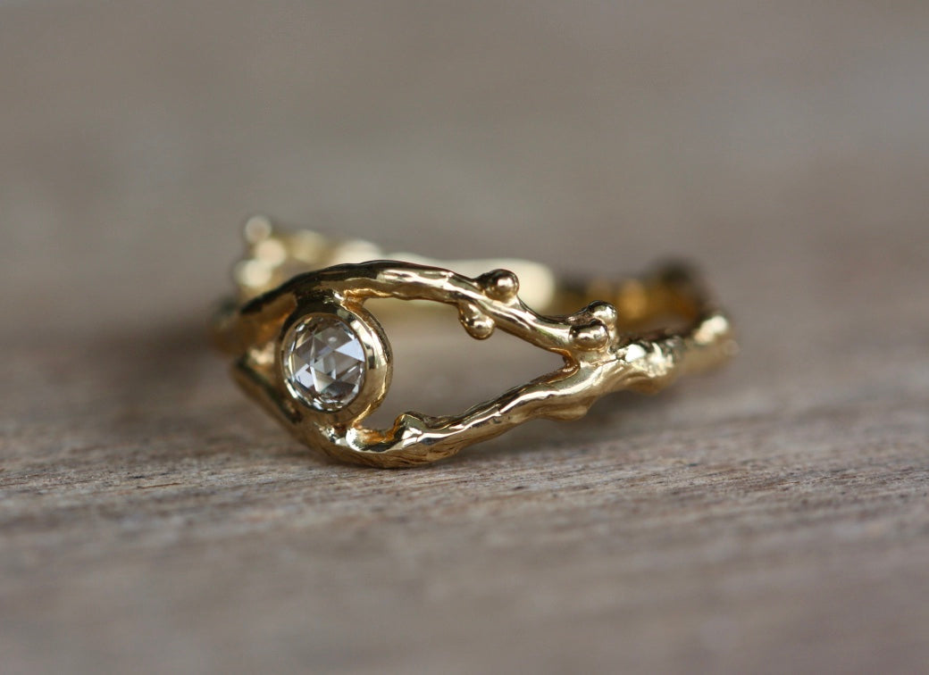 Rose Cut Diamond Natural Twig Ring, 18k Gold