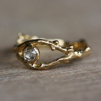 Rose Cut Diamond Natural Twig Ring, 18k Gold