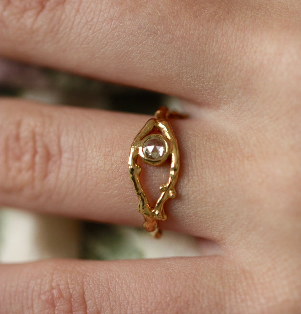 Rose Cut Diamond Natural Twig Ring, 18k Gold