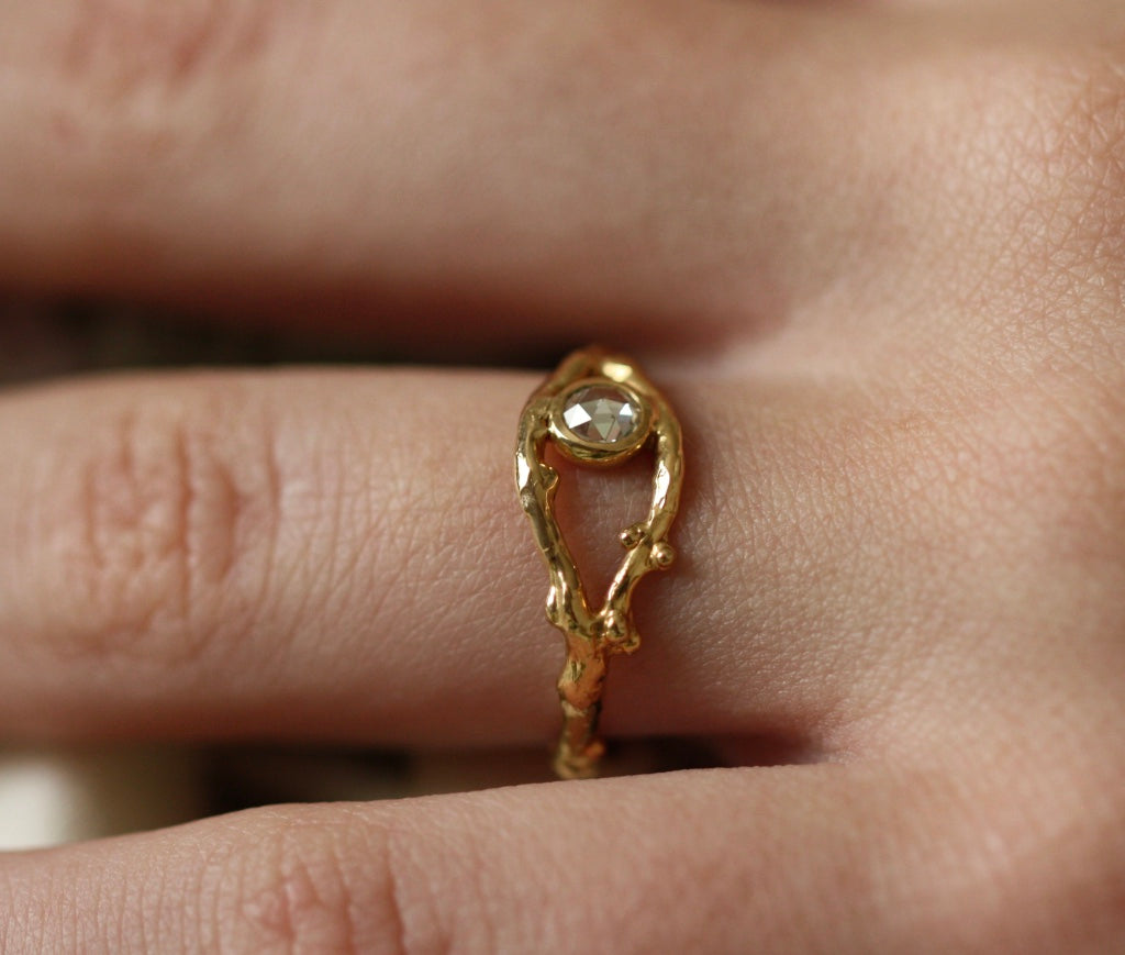 Rose Cut Diamond Natural Twig Ring, 18k Gold