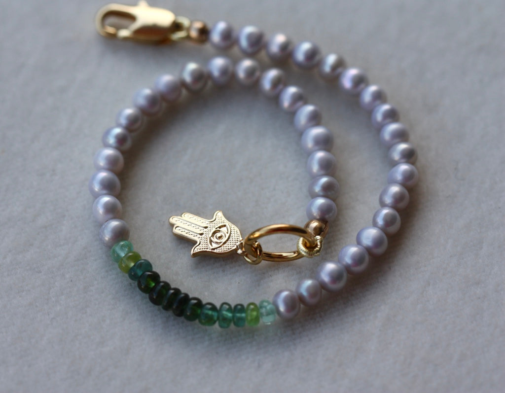 Green Tourmaline and Freshwater Pearl Bracelet, 14k Gold Filled