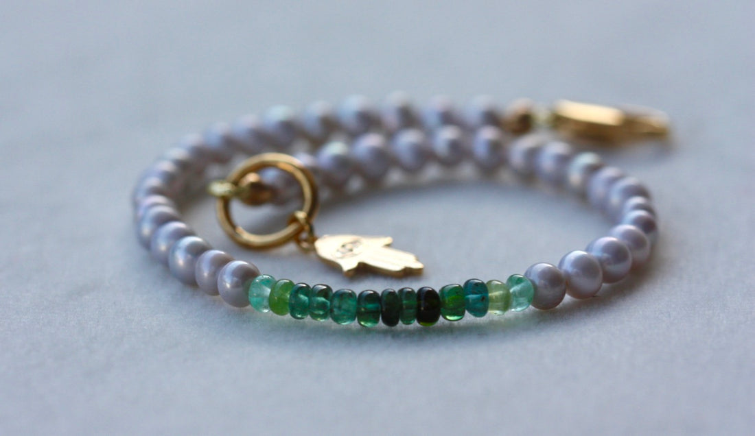 Green Tourmaline and Freshwater Pearl Bracelet, 14k Gold Filled