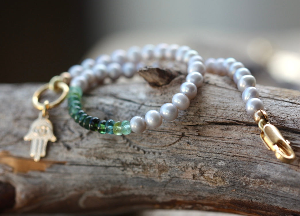 Green Tourmaline and Freshwater Pearl Bracelet, 14k Gold Filled