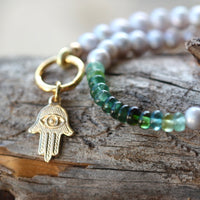 Green Tourmaline and Freshwater Pearl Bracelet, 14k Gold Filled