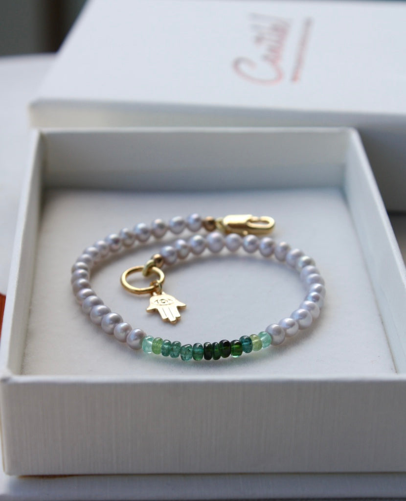 Green Tourmaline and Freshwater Pearl Bracelet, 14k Gold Filled