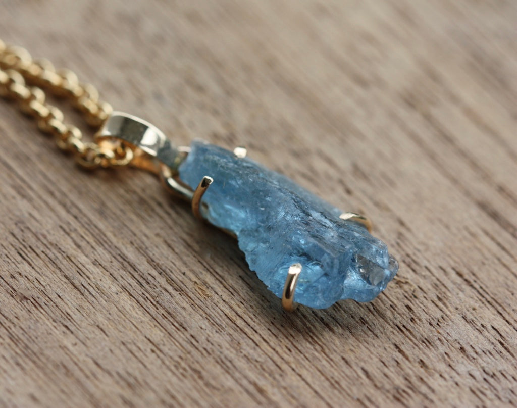 Raw, Unpolished Brazilian Blue Santa Maria Aquamarine and 14k Gold Pendant, 14k Gold Filled Rolo Chain