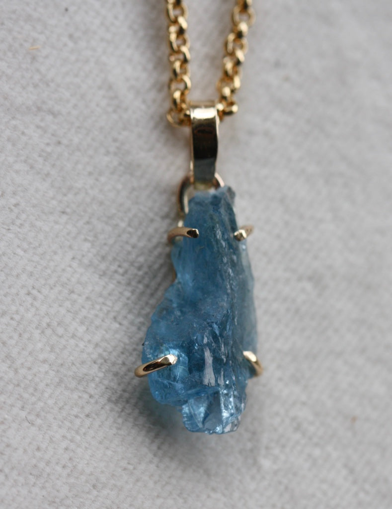 Raw, Unpolished Brazilian Blue Santa Maria Aquamarine and 14k Gold Pendant, 14k Gold Filled Rolo Chain