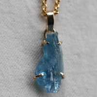 Raw, Unpolished Brazilian Blue Santa Maria Aquamarine and 14k Gold Pendant, 14k Gold Filled Rolo Chain