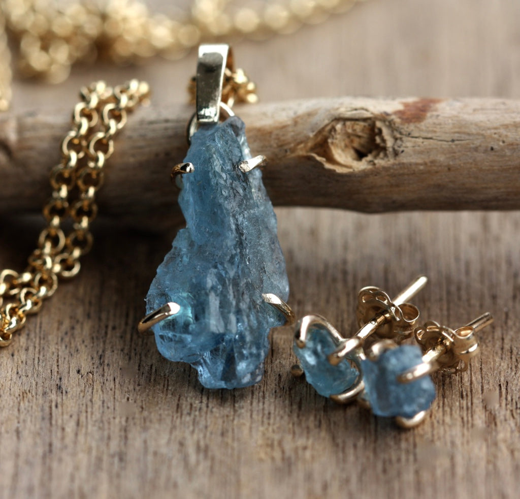Raw, Unpolished Brazilian Blue Santa Maria Aquamarine Stud Earrings, 14k Gold