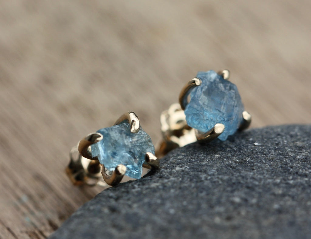 Raw, Unpolished Brazilian Blue Santa Maria Aquamarine Stud Earrings, 14k Gold