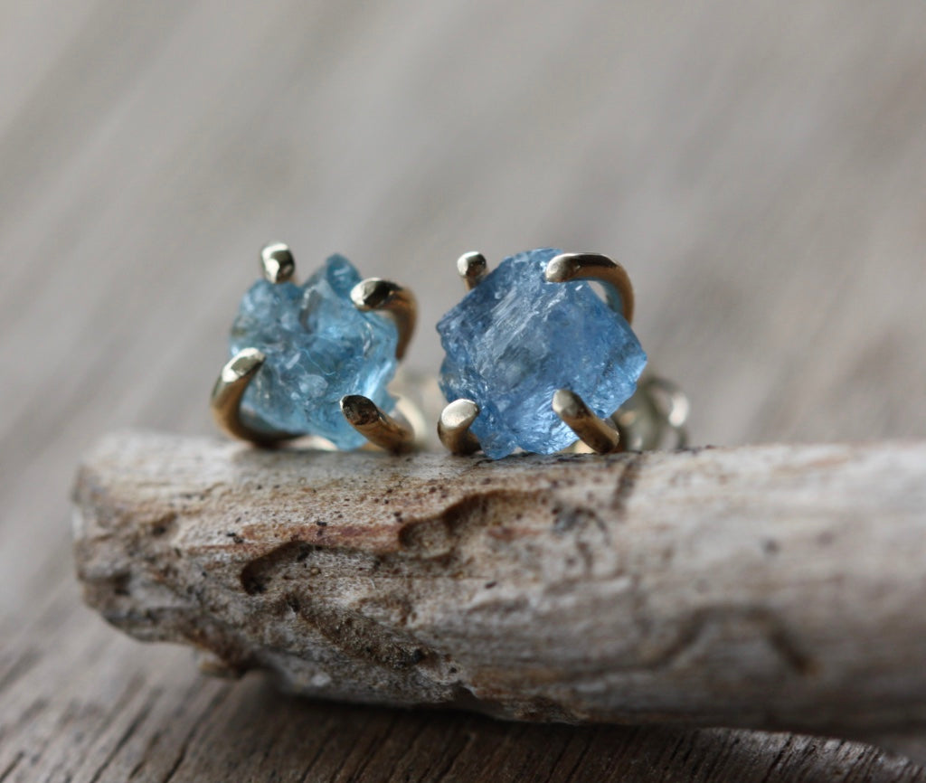 Raw, Unpolished Brazilian Blue Santa Maria Aquamarine Stud Earrings, 14k Gold