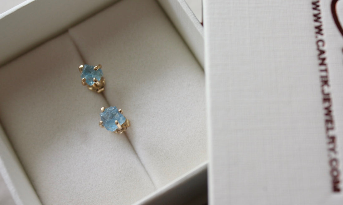 Raw, Unpolished Brazilian Blue Santa Maria Aquamarine Stud Earrings, 14k Gold