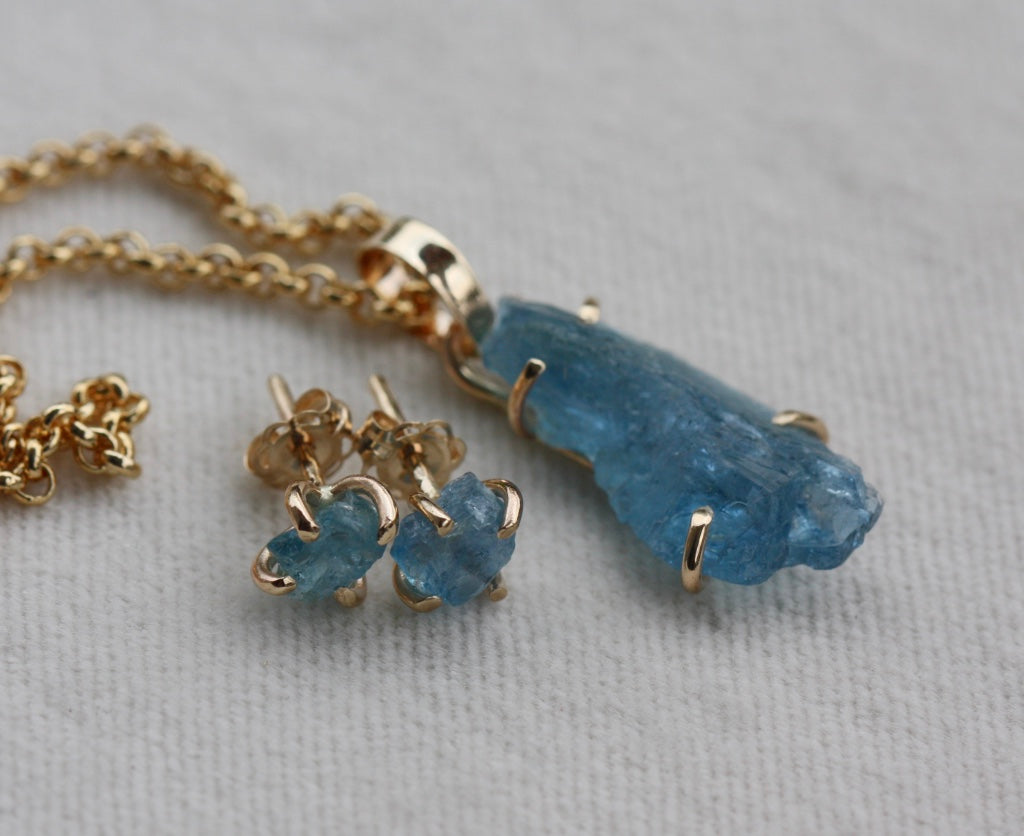 Raw, Unpolished Brazilian Blue Santa Maria Aquamarine Stud Earrings, 14k Gold