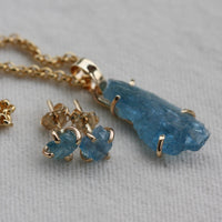 Raw, Unpolished Brazilian Blue Santa Maria Aquamarine Stud Earrings, 14k Gold