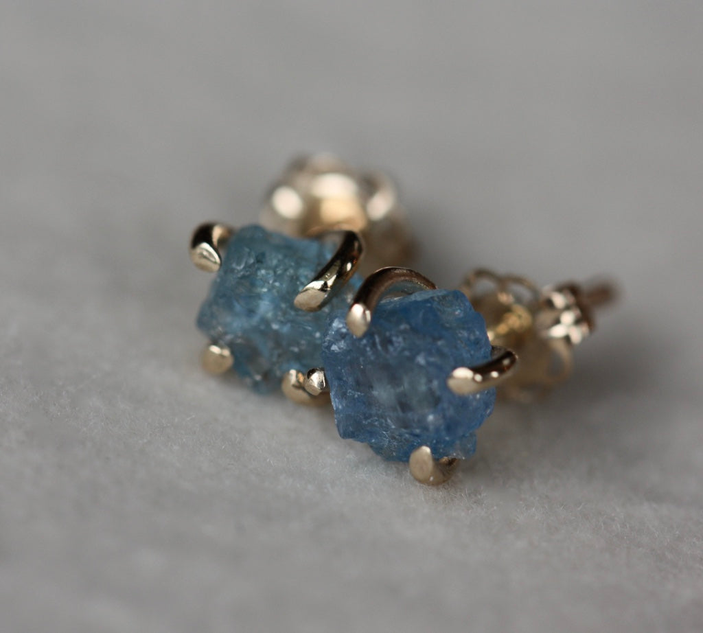 Raw, Unpolished Brazilian Blue Santa Maria Aquamarine Stud Earrings, 14k Gold