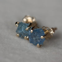 Raw, Unpolished Brazilian Blue Santa Maria Aquamarine Stud Earrings, 14k Gold