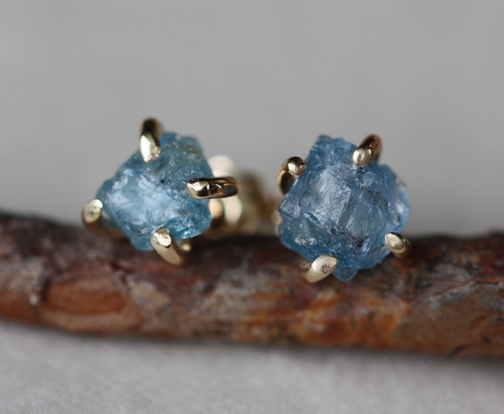 Raw, Unpolished Brazilian Blue Santa Maria Aquamarine Stud Earrings, 14k Gold