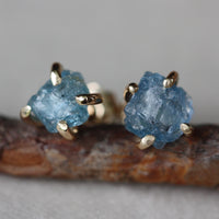 Raw, Unpolished Brazilian Blue Santa Maria Aquamarine Stud Earrings, 14k Gold