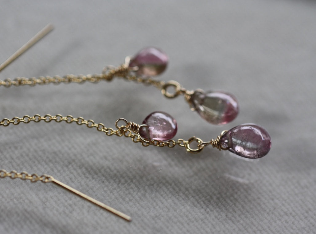 Watermelon Bi-Color Tourmaline Ear Threaders, 14k Gold Filled