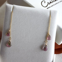 Watermelon Bi-Color Tourmaline Ear Threaders, 14k Gold Filled