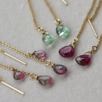 Watermelon Bi-Color Tourmaline Ear Threaders, 14k Gold Filled
