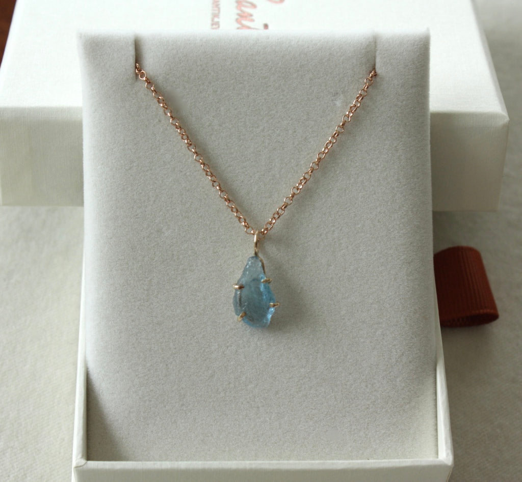 Raw, Unpolished Brazilian Blue Santa Maria Aquamarine Pendant Necklace