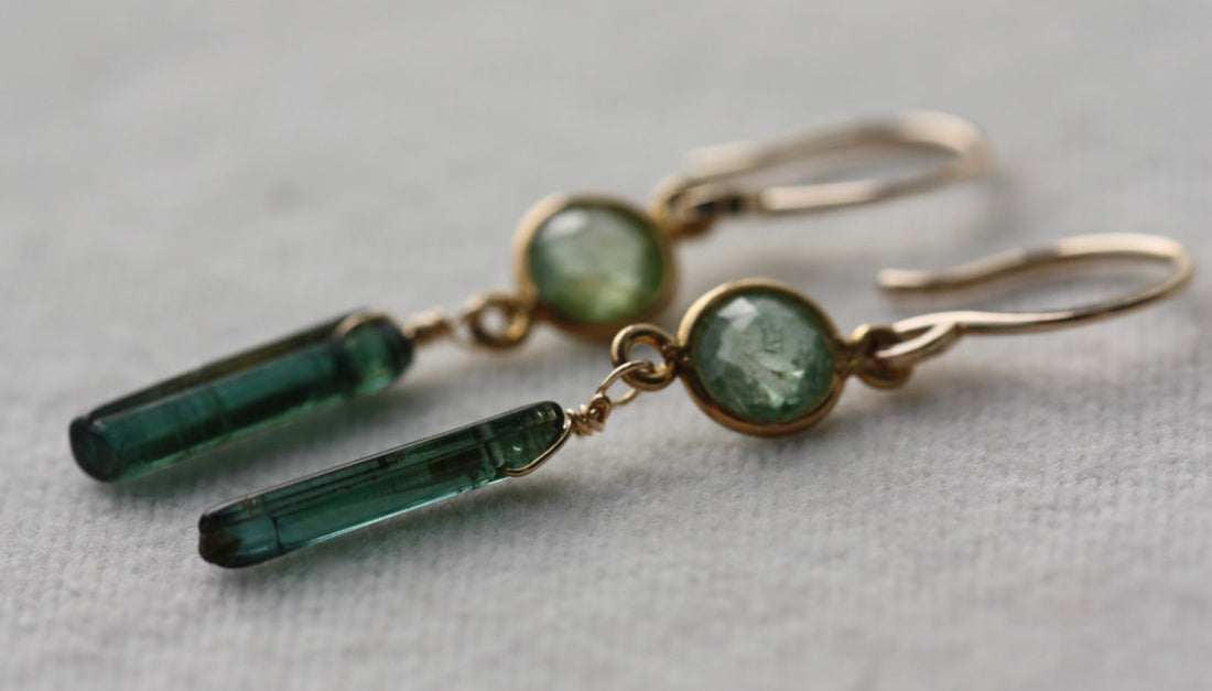 Earrings of Teal Green Tourmaline Natural Uncut Crystals and Green Tourmaline, 14k Gold Filled and 22k Gold Plated