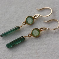 Earrings of Teal Green Tourmaline Natural Uncut Crystals and Green Tourmaline, 14k Gold Filled and 22k Gold Plated