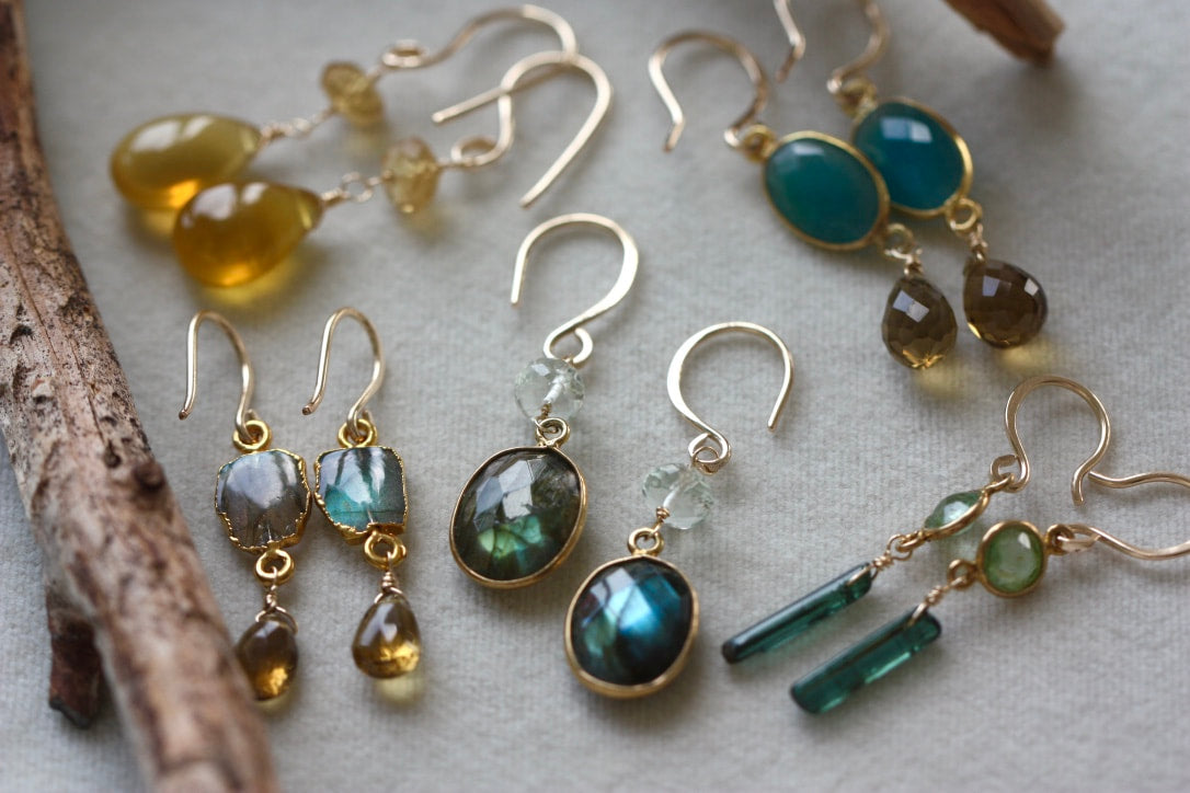 Earrings of Teal Green Tourmaline Natural Uncut Crystals and Green Tourmaline, 14k Gold Filled and 22k Gold Plated